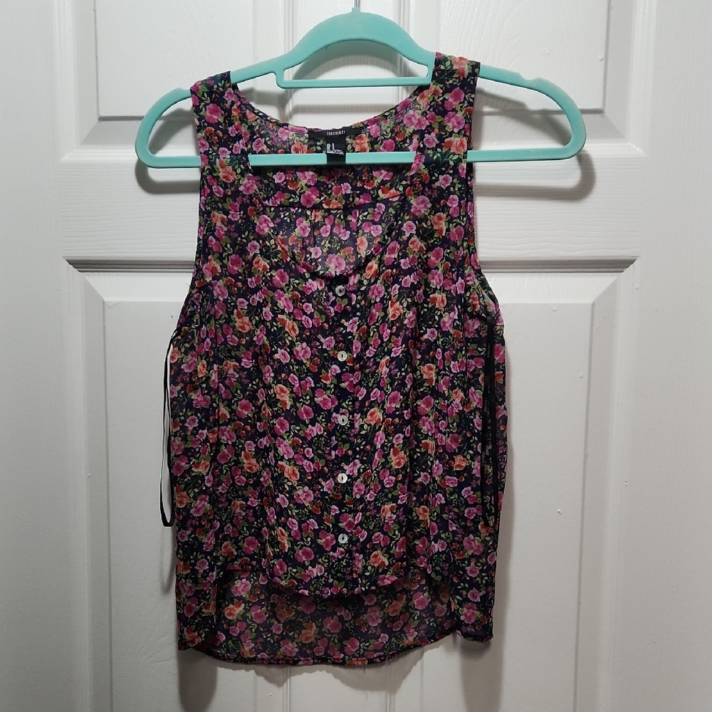 3/$10 Forever 21 Floral Sheer Tank Top - Navy and Pink
